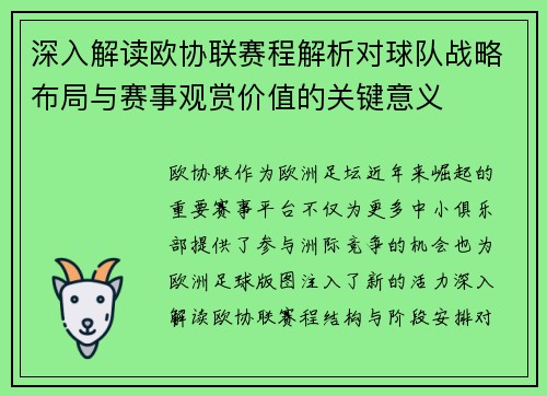 深入解读欧协联赛程解析对球队战略布局与赛事观赏价值的关键意义